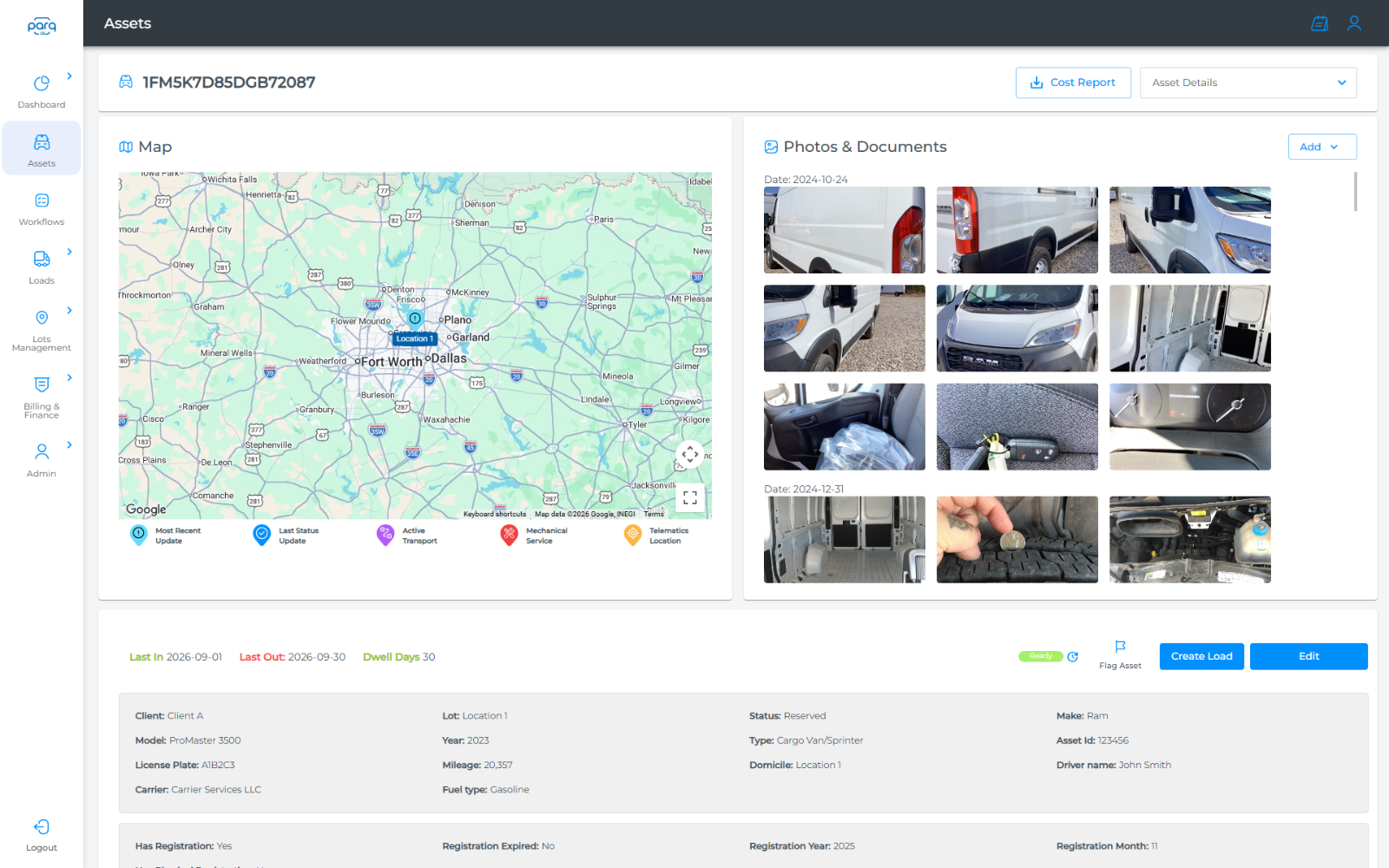 Parq asset record for a single VIN with map location, dated photo sets, last in, last out, dwell days and vehicle attributes
