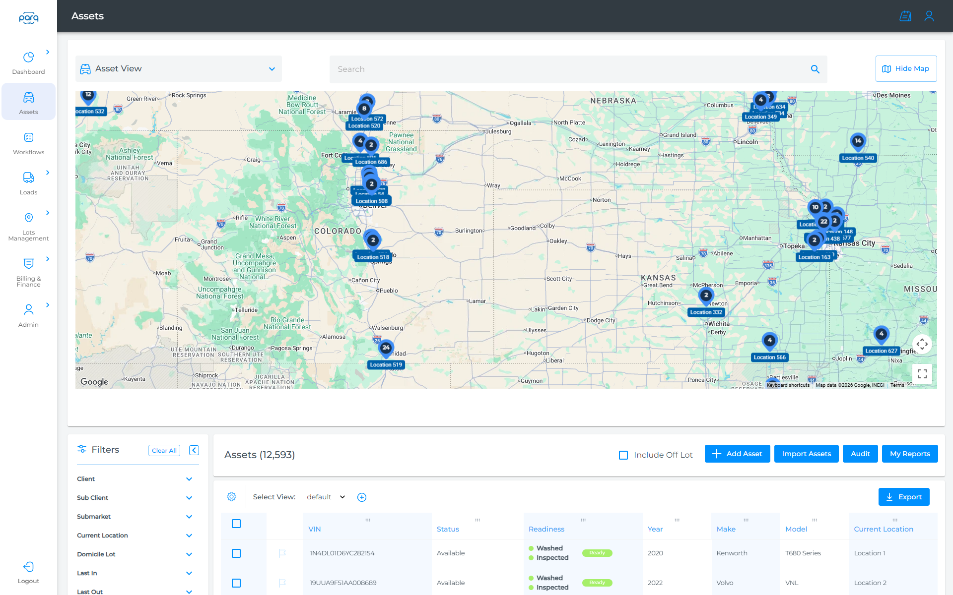 Parq asset map showing vehicle clusters across the central United States with a filterable asset table