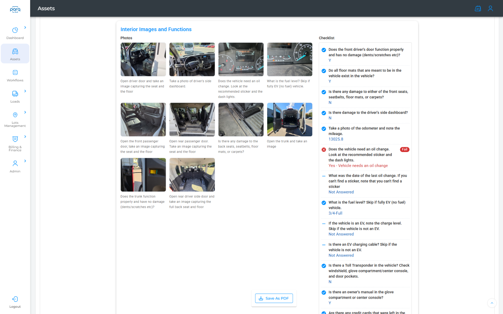 Parq condition report section with SOP photo prompts and checklist answers, including a failed oil change item