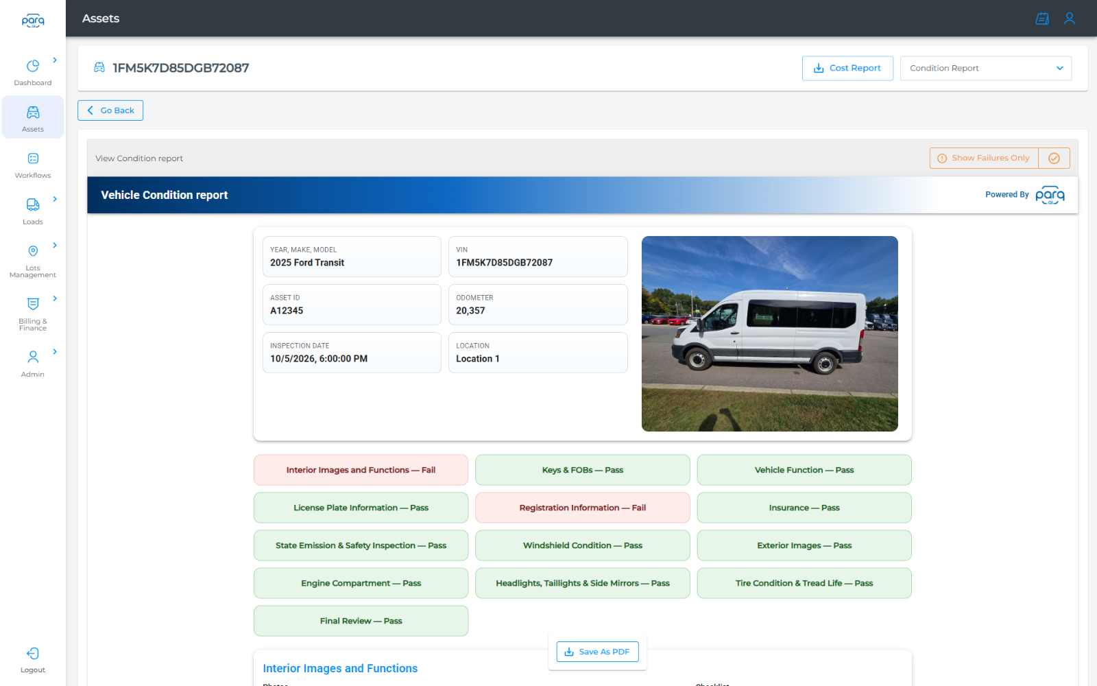 Parq vehicle condition report with pass and fail results by section, odometer, inspection date and location