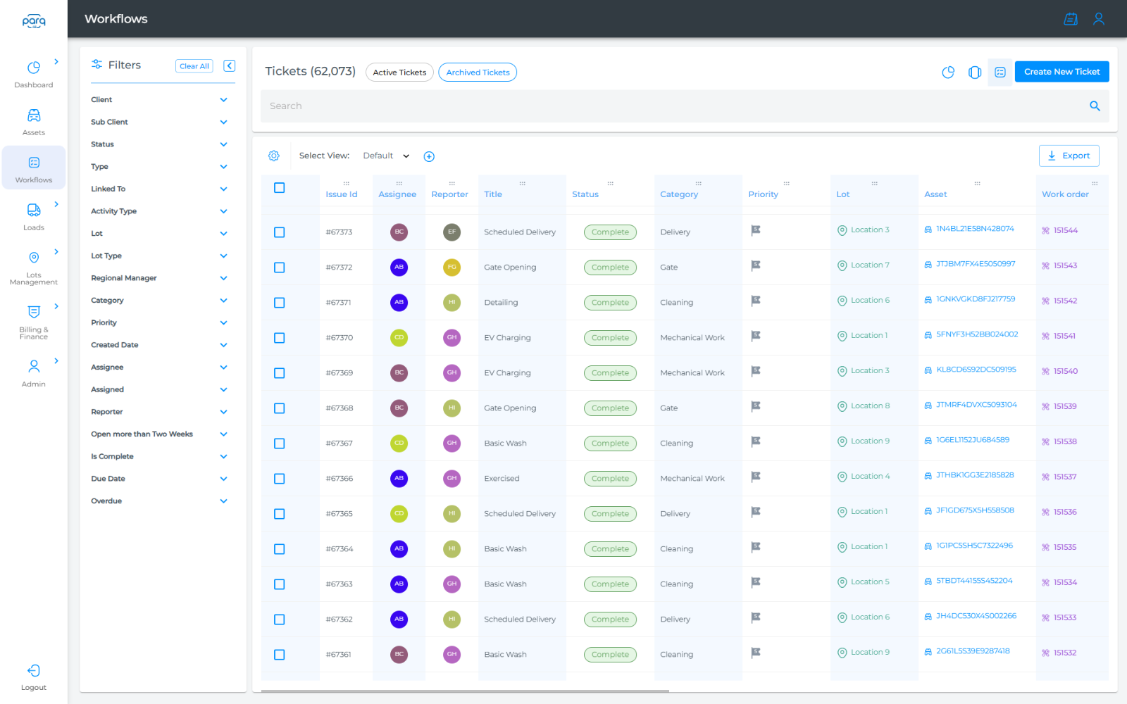 Parq workflows view with assignee, status, category, lot, asset VIN and work order per ticket